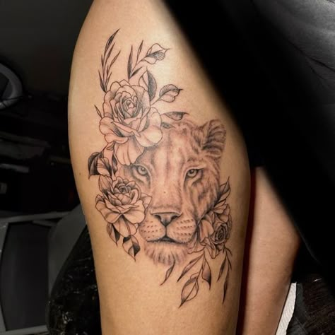 Lioness Tattoo On Thigh, Loin Tattoos Design Leg, Half Lion Half Sunflower Tattoo, Lioness Flower Tattoo Design, Tattoo Ideas Lioness, Lioness Tattoo Thigh, Lioness Thigh Tattoo For Women, Thigh Lion Tattoo Women, Fine Line Lioness Tattoo