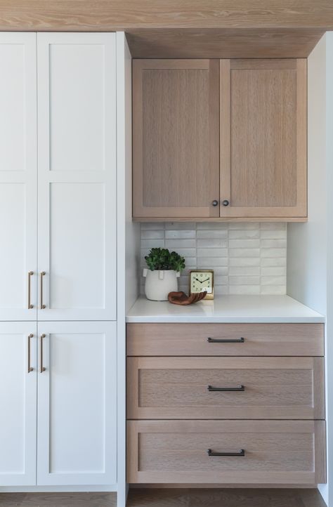 White Oak Bar Cabinets, White Oak And Greige Kitchen, Floors With White Oak Cabinets, White Wash Oak Cabinets, Oak And White Cabinets, Restaining Oak Cabinets, White Washed Kitchen Cabinets, White Washed Oak Cabinets, Kitchen Drop Zone