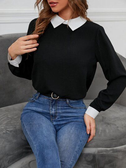 White Collar Outfit, Collar Outfits, Cute Black Shirts, Black Preppy, Colorblock Top, Classy Dress Outfits, Color Block Top, Contrast Collar, Women Blouses