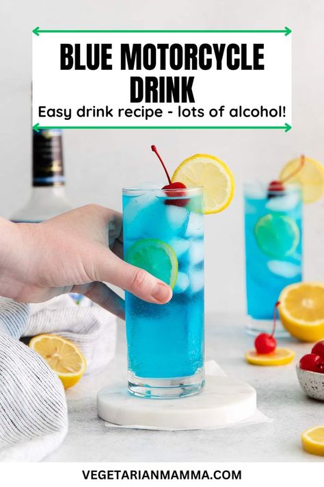 Looking for a cocktail that’s both stunning and strong? This Blue Motorcycle Drink is a beautiful colored, refreshing drink that packs a big punch of alcohol! Made with blue curacao (for that striking color), gin, vodka, tequila, and rum, it's perfect for parties or a fun night in. Impress your guests with this vibrant, flavorful concoction. Cheers to a drink that looks as good as it tastes! Blue Motorcycle Drink, Curacao Punch, Blue Alcoholic Drinks, Vegetarian Drinks, Strong Cocktails, Citrus Vodka, Blue Motorcycle, Gin Lemon, Tequila Drinks