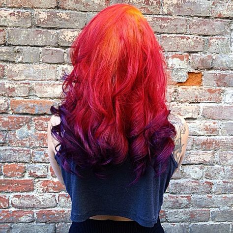 Red Orange Purple Hair, Orange And Purple Hair, Purple And Orange Hair, Purple Red Hair Color, Fire Ombre Hair, Purple Black Hair, Red Purple Hair, Pink And Black Hair, Lotus Flower Tattoo Design