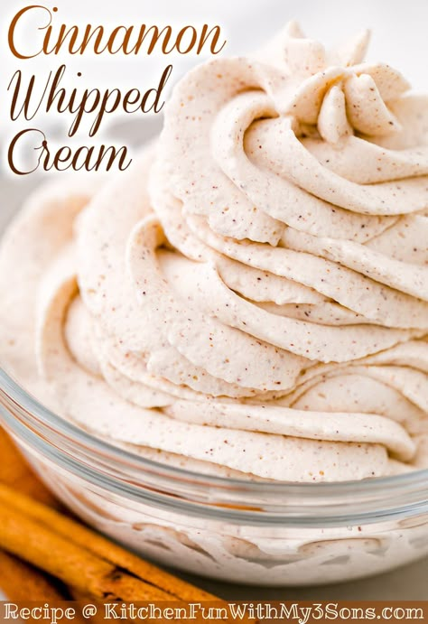 Cinnamon Whipped Cream is a flavored homemade whipped topping that can go on all kinds of Fall and Thanksgiving desserts. This easy whipped cream recipe is a combination of heavy cream, powdered sugar, vanilla, and of course cinnamon! Whipped Cream Cheese Recipes, Easy Whipped Cream Recipe, Pumpkin Whipped Cream, Homemade Whipped Topping, Philly Cheesecake, Icing For Cakes, Cinnamon Whipped Cream, Pumpkin Rice Krispie Treats, Cinnamon Bread Easy