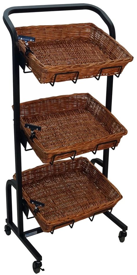 3 Tier Wicker Basket Stand, Store Rack, Basket Stand, Bakery Shop Design, Vegetable Stand, Vegetable Shop, Grocery Store Design, Bakery Decor, Rectangular Baskets