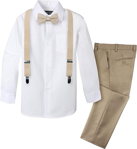 Suit With Suspenders, Decoration Communion, Baby Boy Suspenders, Tan Dress Shirt, Black Braces, Suspenders Outfit, Quincenera Dresses, Pink Suspenders, Wedding Outfit For Boys