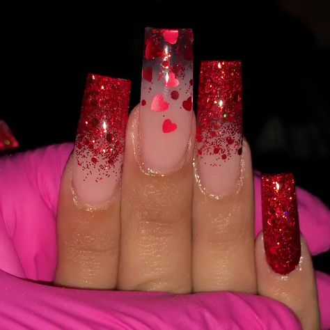 Glitter Valentines Nails, Valentines Day Nails, Nail Polish Storage, Red Acrylic Nails, October Nails, Glow Nails, Long Square Acrylic Nails, Custom Glitter, Nail Designs Glitter