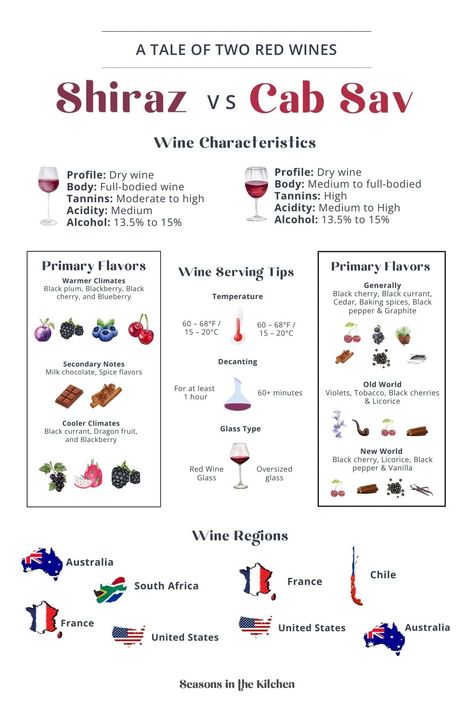 Shiraz vs Cabernet Sauvignon: Exploring Two Bold Red Wines - Seasons in the Kitchen Shiraz Wine, Wine Basics, Wine Boutique, Wine 101, Grape Varieties, Barossa Valley, Dry Wine, Wine Education, Serving Wine