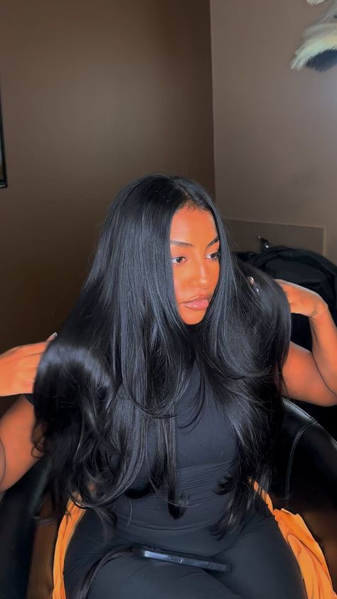 Blowout with clip ins…… #houstonhairstlyist #naturalhair #curlyhair #clipinhair | Instagram Silky Black Hair, Frontal Wig Hairstyles, Sew In Hairstyles, Long Silky Hair, Jet Black Hair, Protective Hairstyles Braids, Blowout Hair, Women's Wigs, Slick Hairstyles