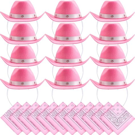 PRICES MAY VARY. Sufficient Quantity: you will receive 12 pink cowboy hat headbands and pink bandanas 12 pack, enough for multiple people to use at the same time, allowing you to enjoy a party with friend Detachable Cowboy Hat Design: our cowboy hat headband is detachable, easy to carry and store, you need to thread the headband into the elastic band under the hat before use, which can be applied, providing you with a lot of convenience Multiple Ways of Use: cowgirl hats measures about 6 x 3 inc Cowboy Hat Costume, Cowboy Hat Design, Cowboy Accessories, Pink Cowboy Hat, Pink Cowboy, Western Party, Western Parties, Cowgirl Costume, Western Accessories