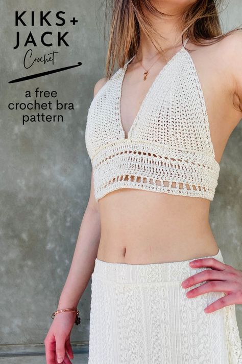 Girl wearing white crochet bra Fitted Crochet Lace Crop Top, Crochet Bra Cup Pattern Free, Spring Crochet Lace Triangle Top, Bra Cup Crochet Pattern, Summer Triangle Crochet Lace Crop Top, Beach Cropped Crochet Lace Top, Crochet Bra Top Pattern, Crochet Lace Triangle Crop Top For Beach, Crochet Bra Cup