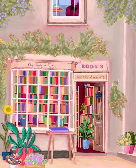 Rebecca Elizabeth | Illustrator 🎨🦋🌸 | A cute little bookshop in spring 📚🌸 Recently I’ve had so many ideas of things and places I want to draw that I just can’t draw them fast e… | Instagram Book Shop Drawing, Bookshop Painting, Book Shop Illustration, Book Store Illustration, Ereader Screensaver, Bookstore Drawing, Cozy Home Illustration, Cute Illustration Wallpaper, Bookshop Illustration