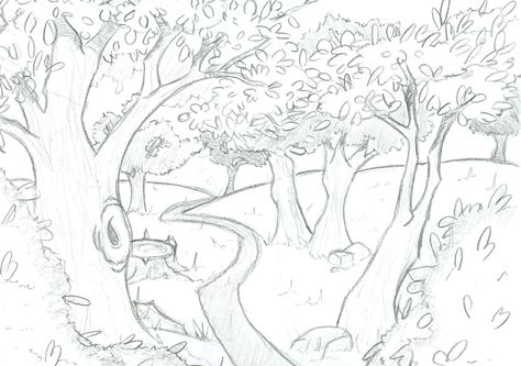 Woodland back fill ideas Magical Forest Drawing Pencil, How To Draw A Forest, Forest Drawing Easy, Art Ideas Drawing, Drawing Forest, Wall Drawing Ideas, Forest Sketch, Forest Cartoon, Ideas For Drawing