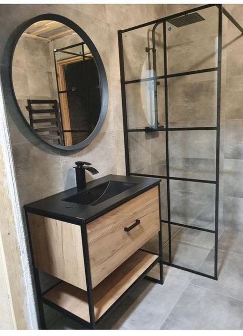 Cabinet Layout, Glazed Windows, Industrial Bathroom, Bathroom Design Decor, Bathroom Inspiration Decor, Bed In Closet, Kitchen Remodeling Projects, Bathroom Layout, Industrial House