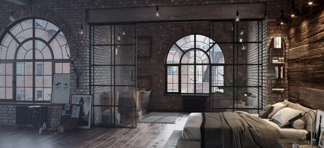 Partition For Bedroom, Industrial Penthouse, Aesthetic Industrial, Penthouse Luxury, Warehouse Living, Glass Partition Wall, Luxury Industrial, Loft House Design, Warehouse Home