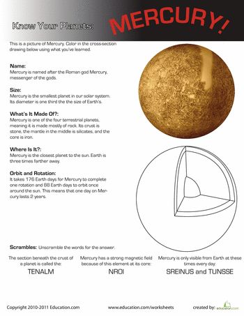 Worksheets: Know Your Planets: Mercury Mercury Facts For Kids, Solar System Information, Mercury Facts, Astronomy Lessons, Planets Mercury, Solar System Projects For Kids, Mercury Planet, Planet Project, Solar System For Kids