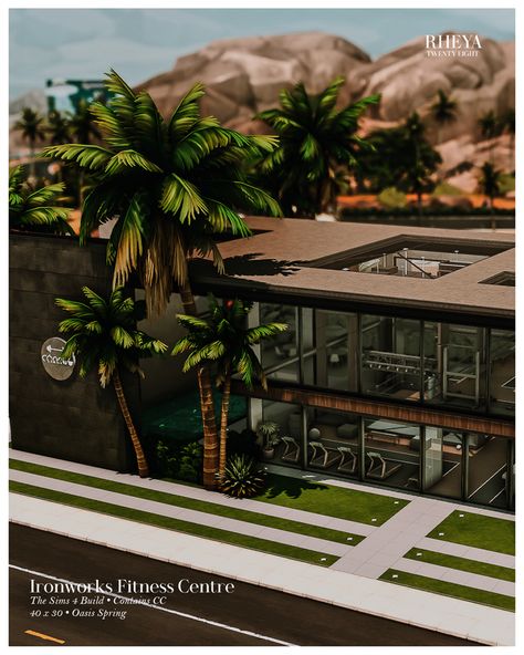 IronWorks Fitness Centre ♥ The Sims 4: Speed Build // CC | Rheya28 Sims 4 Oasis Springs Gym, Sims 4 Gym Layout, Sims 4 Oasis Springs Community Lot, Sims 4 Gym Lot, Sims 4 University Build, Sims 4 Workout Mod, Sims 4 Lounge Build, Cc Lots Sims 4, Sims 4 Builds Patreon