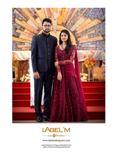 Christian Engagement Dress, Engagement Couple Dress, Kerala Engagement Dress, Engagement Dress For Groom, Indian Wedding Reception Outfits, Wedding Matching Outfits, Engagement Dress For Bride, Bride Reception Dresses, Wedding Reception Outfit