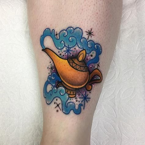 Magic Lamp Genie Lamp Tattoo, Genie Tattoo, Aladdin Tattoo, Jasmine Tattoo, Disney Inspired Tattoos, Disney Sleeve Tattoos, House Of Mouse, Lamp Tattoo, Tattoo Disney