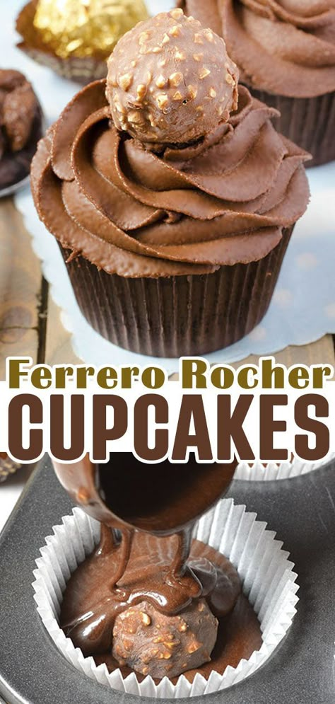 This rich chocolate cupcake recipe is easy to make, can be made in under an hour, and must be tried if you call yourself a chocolate lover. Ferror Rocher Cupcakes, Forero Rocher Cupcakes, Ferrero Rocher Cupcakes Recipe, Ferrero Rocher Dessert Ideas, Ferraro Rocher Desserts, Ferrero Rocher Recipe, Ferraro Rocher Cupcakes, Ferrera Roche Ideas, Ferrero Rocher Recipes