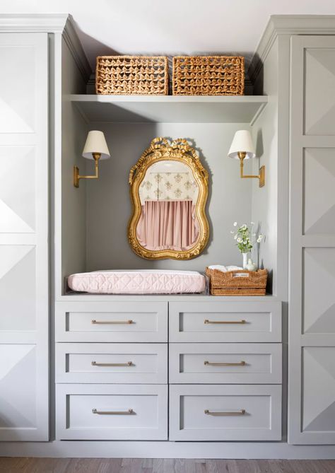 Nursery ideas: 12 rooms new parents will love | Homes & Gardens | Built In Crib In Closet, Tv In Nursery Room, Built In Changing Table In Closet, Nursery Closet With Changing Table, Built In Changing Table, Nursery With Built Ins, Mini Nursery In Parents Room, Changing Table In Closet, Nursery Built Ins