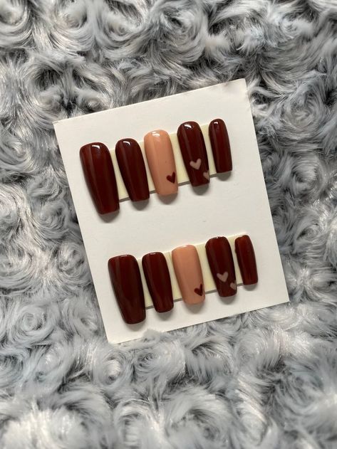 All press-on sets come with a nail prep kit! Brown Press On Nail Designs, Press On Nails Brown, Brown Press On Nails, Fall Press On Nails, Adorable Nails, Brown Heart, Birthday Captions Instagram, Fantasy Nails, Nail Prep