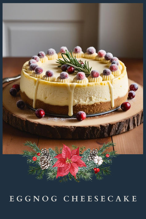 Bring the cozy flavors of the season to your dessert table with this Eggnog Cheesecake! Creamy, spiced with nutmeg, and topped with whipped cream, it’s the perfect indulgence for Christmas gatherings. 🎄🥧✨  Pin this recipe to make your holiday celebrations extra sweet and festive! Christmas Baked Cheesecake, Christmas Cherry Cheesecake, Christmas Cheesecake Flavors, Eggnog Desserts Christmas, Desserts With Eggnog, New Year’s Eve Cheesecake, Christmas Cheesecakes Ideas, Candycane Cheesecake, Egg Nog Cheesecake Recipe