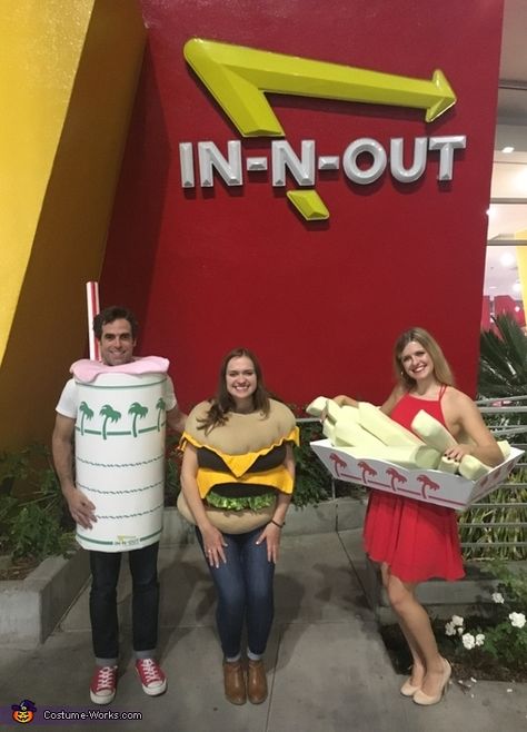 As pictured, I was the double double, my best friend Autumn was the fries, and my boyfriend Jimmy was the strawberry milkshake. Jimmy was scrolling the internet looking for popular Halloween costumes and he saw someone dressed as a burger and that reminded him of... Burger And Fries Costume, In N Out Family Costume, Diy Burger Costume, Diy Cheeseburger Costume, In N Out Halloween Costume, In N Out Costume, Milkshake Costume, Luigi Halloween Costume, Riverdale Halloween Costumes