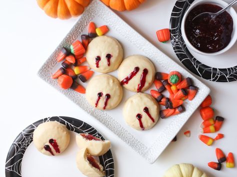 These are fun cookies for Halloween or a vampire genre party.The cookies have a light vanilla and butter flavor to them, and are the perfect color to really set off the red of the filling. The have a slightly crisp edge and a soft, chewy center. When you take a bite and expose the jam, they really do look like they’re bleeding! They are baked at a slightly cooler temperature than some cookies, so they don’t really brown during baking. Best if served the same day. I found this recipe on one of my Vampire Cookies, Cookies For Halloween, Scary Halloween Food, Sage Butter, Fun Halloween Food, The Jam, Roast Pumpkin, Pumpkin Cookies, Pumpkin Cake