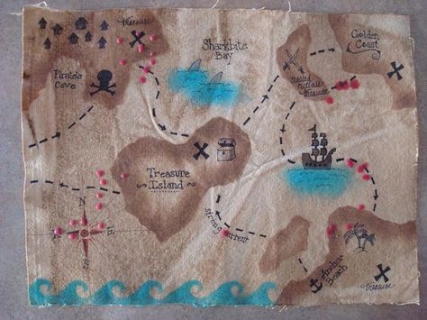 The Most AMAZING customized Pirate Treasure map that I have ever come across.  This is from a shop on Etsy by Mayasmomma.  Our Map was so chock full of customizations, that I will have to break out an actual photograph of it. Pirate Items, Pirate Box, Pirate Props, Pirate Map, Pirate Party Favors, Pirate Treasure Maps, Pirate Gifts, Pirate Decor, Brown Flannel