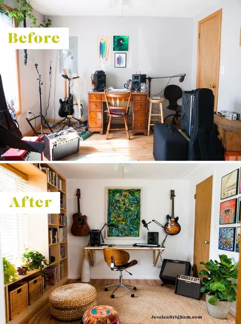 An Eclectic, Mid Century-Inspired Home Recording Studio » Jessica Brigham Music Studio Small Space, Living Room Recording Studio, Eclectic Music Room, Small Music Studio Ideas Home, Small Music Studio Ideas, Recording Studio Design Home, Jessica Brigham, Music Room Ideas, Home Studio Office