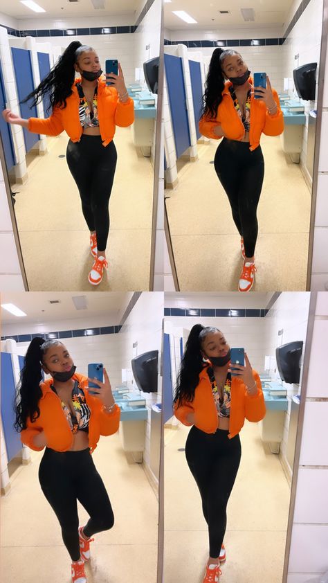 Outfit Ideas With Orange Dunks, Orange Dunk Outfit Women, Orange Low Dunks Outfit, Outfits For Orange Dunks, Orange And Black Dunks Outfit, Electro Orange Jordan 1 Outfit, Outfit With Orange Dunks, Orange Top Outfit Black Women, Orange Jordan 1 Outfit Women