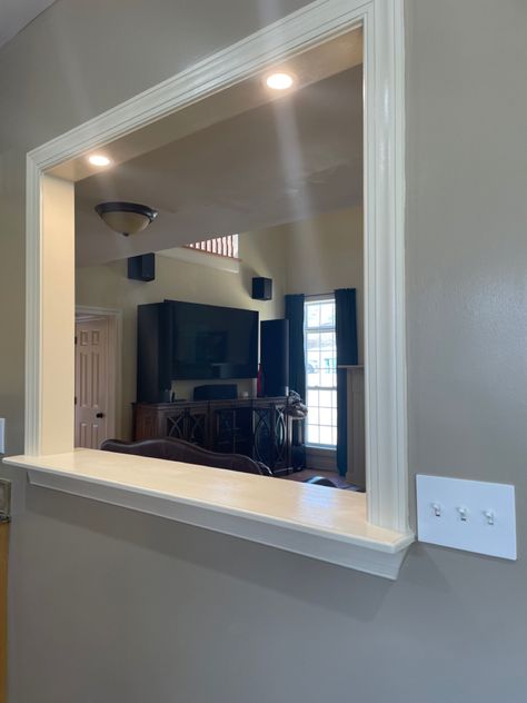 Kitchen Passthru Window, Interior Wall Window Opening, Window Between Kitchen And Living Room, Semi Open Kitchen Design, Cascade House, Semi Open Kitchen, Above Kitchen Sink, Cove House, Interior Window Trim