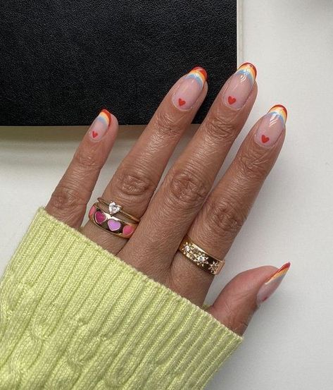 Celebrate love with these beautiful Pride nails. If nail art isn’t your thing, you can recreate this look at home using rainbow nail stickers. French Tips With Red Hearts, Rainbow French Tips, Neutral Nail Designs, Rainbow Nails Design, Rainbow Nail, Rainbow Nails, French Tips, Cute Nail Art, Neutral Nails