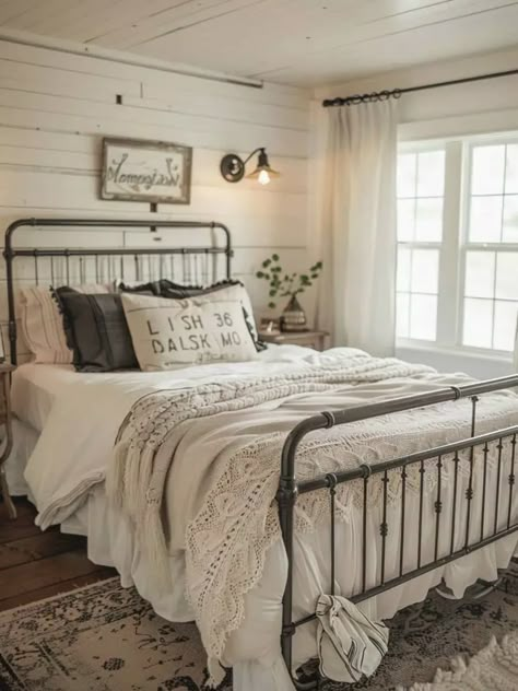 Over 50 Vintage Farmhouse Bedroom Designs to Love Bedroom With Metal Bed Interior Design, Bright Farmhouse Bedroom, Cast Iron Bedroom Ideas, Farmhouse Bedroom Metal Bed, White Headboard Bedroom Ideas, Iron Beds Bedroom Decorating Ideas, Minimalist Farmhouse Bedroom, Bedroom Farmhouse Ideas, Guest Bedroom Farmhouse