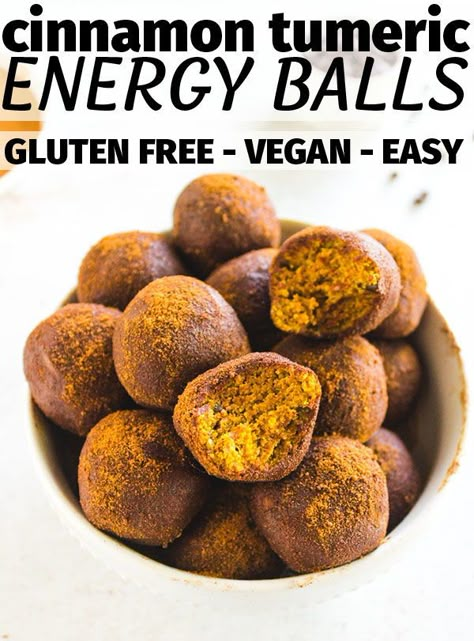 Cinnamon Turmeric Energy Balls - are packed with healthy, energizing ingredients for a nutritious snack. Perfect for packed lunches, breakfast, or afternoon snacking. #turmeric #vegan #glutenfree #energyballs #vegetarian #onebowl #easyrecipe #healthysnack #backtoschool #fall #cinnamon #dairyfree #almondflour | robustrecipes.com Turmeric Balls Recipes, Turmeric Balls, Turmeric Energy Balls, Vegan Energy Balls, Gluten Free Snacks Recipes, Healthy Homemade Snacks, Energy Bites Recipes, Vegan Snack Recipes, Healthy Protein Snacks