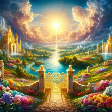 Fantasy Heaven Landscape, Revelation Artwork, Angels In Heaven Pictures, Heaven Landscape, Gates Of Heaven, Heavenly Places, Heaven Art, Jesus Christ Artwork, Jesus And Mary Pictures