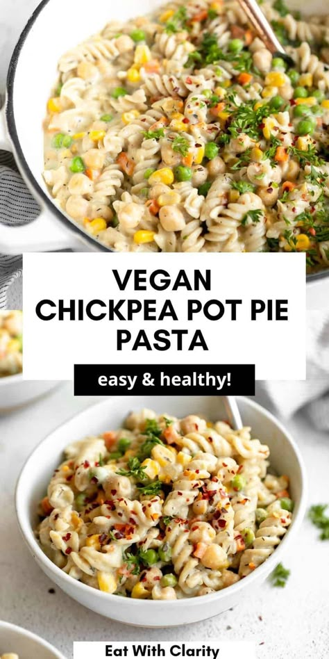 This vegan chickpea pot pie pasta is a healthy and easy dinner recipe that is ready in 30 minutes. It's the perfect family favorite dinner and is packed with protein from chickpea pasta and chickpeas. This vegan pasta recipe is gluten free, healthy and perfect vegetarian comfort food. Chickpea Pot Pie, Pot Pie Pasta, Vegan Chickpea, Favorite Dinner, Chickpea Pasta, Vegan Pasta Recipes, Healthy Comfort, Chickpea Recipes, Vegetarian Pasta