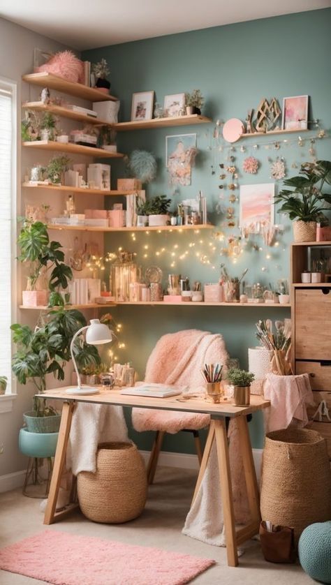 Cute Office Space At Home, Boho Art Room Ideas, Office And Hobby Room, Hobby Room Aesthetic, Cottage Core Craft Room, Pink Boho Office, Cottagecore Craft Room, Home Office Colorful, Office Nook In Bedroom