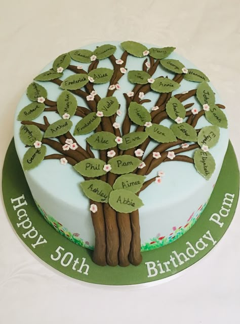 Tree Cakes Birthday, Family Tree Cake Ideas, Grandfather Birthday Cake Ideas, Family Tree Birthday Cake, Tree Birthday Cake, Family Reunion Cakes, Family Tree Cakes, Family Tree Designs, 70th Birthday Cake