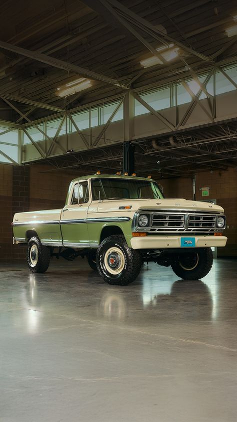 Feast your eyes on this immaculately restored 1972 Ford F250 Highboy!   Featuring the perfect blend of vintage charm and modern upgrades with its Boxwood Green over Wimbledon White paint scheme and Gen 3 5.0 Coyote engine.   Built with attention to every detail - from the factory-style rims to the custom Setero upgrades. A true collector's piece combining classic aesthetics with modern performance.   Save this pin for the ultimate Ford truck restoration inspiration!  #FordHighboy #ClassicTrucks #F250Restoration #VintageFord #TruckBuilds Ford F250 Highboy, F250 Highboy, Truck Restoration, Coyote Engine, Vintage Ford Trucks, Lifted Ford Truck, Old Ford Truck, Full Size Pickup Truck, Old Ford Trucks