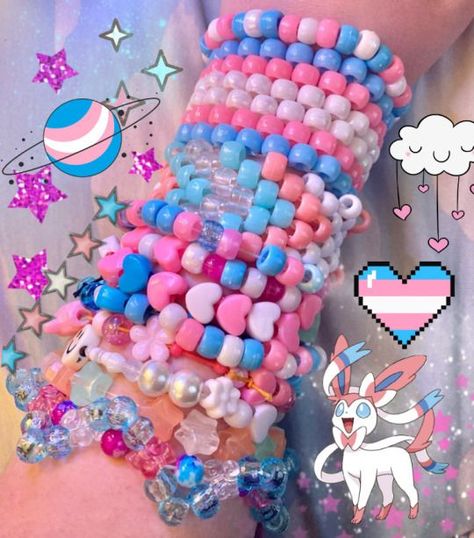 Trans Kandi Bracelet, Clown Kandi Pattern, Trans Kandi Cuff, Trans Kandi, Clown Kandi, Kandi Bracelet Ideas, Kawaii Kandi, Kandi Inspo, Diy Kandi Bracelets