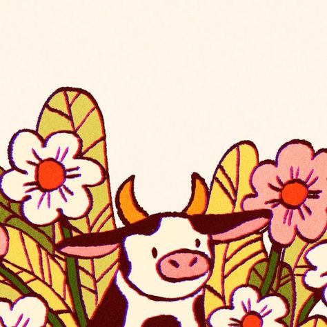 Painting Ideas Cow Easy, Hen With Chicks Drawing, Simple Cow Illustration, Cute Simple Cow Drawing, Animals With Flowers Drawing, Moo Dang Drawing, Highland Cow Doodle, Cow Ears Drawing, Herford Cow