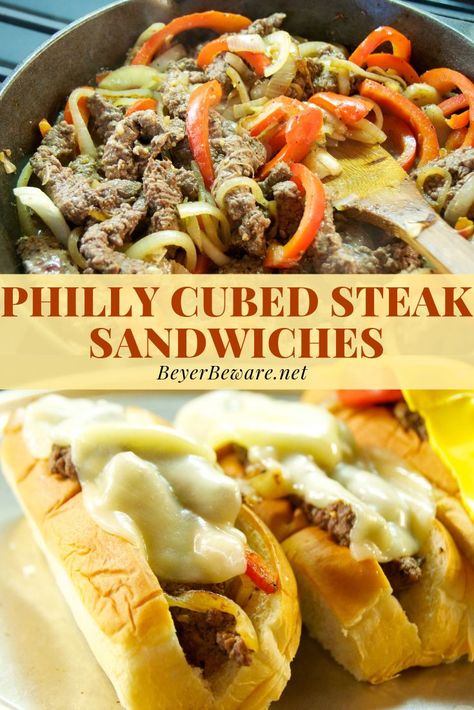 Philly cubed steak sandwiches recipe is an easy dinner recipe with Philly cheese steak flavors in onions, peppers, and cheese made fast with cubed steaks. #PhillyCheesesteak #CubedSteak #Beef #EasyRecipes #30minutesorless #Sandwich #beefRecipes