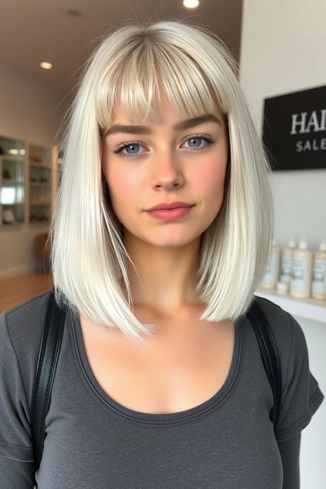 Classic Blunt Lob with Soft Bangs, Icy Platinum Long Bob Hairstyle Platinum Lob, Long Bob Hairstyle, Fall Haircut, Tree Colour, Hairstyles For Seniors, Lob With Bangs, Soft Bangs, Blonde Hair With Bangs, Cute Hair Colors