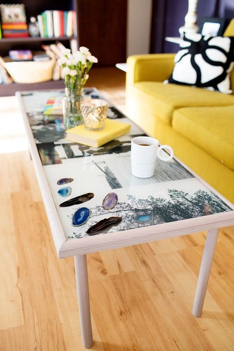 Diy epoxy coffee table by A Beautiful Mess Collage Table, Log Design, Furniture Build, Resin Photo, Resin Coffee Table, Resin Table Top, Diy Table Top, Epoxy Table Top, Extreme Makeover