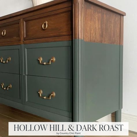 SWIPE to see the before photo! This incredible "dipped" look was created with a unique paint color! Ciera mixed "Hollow Hill" and "Dark Roast" to create this one-of-a-kind deep, earthy green. Tag a friend who needs to see this gorgeous color! 🎨 Find more color recipe ideas on our website. Project by @restorereimagined . . . . . . . . . . #ccp #countrychicpaint #ccphollowhill #furnitureflip #paintedfurniture #furniturestore #chalkpaint #furniturepaint #furnituredesign #paintcolors #furnitur... Dark Green Chalk Paint Furniture, Dark Green Dresser, Dark Green Furniture, Unique Paint Colors, Color Recipe, Bronze Furniture, Brown Dresser, Green Dresser, Dark Paint Colors