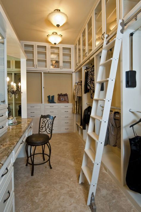 Library ladders are fun - yet they are funcational - to use the top of a walk in custom closet with a tall ceiling. | Innovate Home Org Columbus Ohio Lady Lair, Lady Cave, Master Closet Design, Diva Den, Amazing Closets, Library Ladder, Walking Closet, Beautiful Closets, Closet Remodel