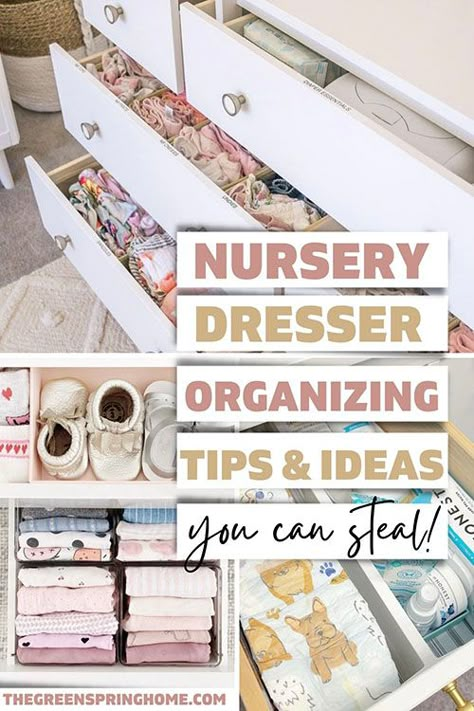 Baby Room Dresser Ideas, Crib And Dresser On Same Wall, Nursery Dresser Drawers, Changing Dresser Organization, Nursery Bathroom Ideas, What To Put In Nursery Dresser, Organizing Nursery Ideas, Organization Ideas For Nursery, Baby Stuff Organization Ideas