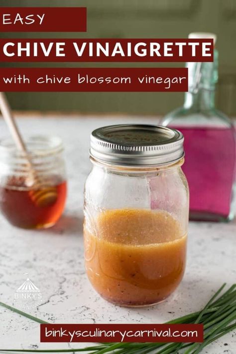 This Chive vinaigrette from Binky's Culinary Carnival is incredibly easy. Made with chive blossom vinegar for a mild oniony flavor. Great for marinades and salad dressings. Make a batch today! Chive Flowers Recipe, Chive Vinaigrette, Flower Recipe, White Balsamic Vinaigrette, Balsamic Vinaigrette Recipe, Chive Flower, Chive Blossom, Easy Herbs To Grow, Vinegar Salad Dressing