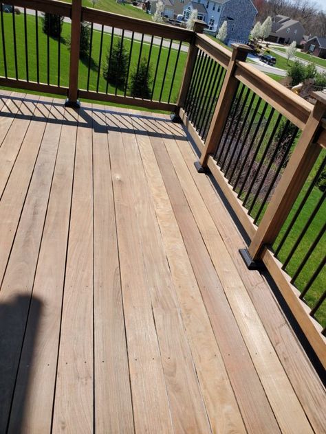 Freshly Stained Ipe Deck in Coraopolis, PA https://woodrichbrand.com/stained-ipe-deck-coraopolis/ #fencestains #woodstrippers Dark Wood Decking, Cedar Deck Stain, Diy Deck Staining, Wood Deck Stain, Ipe Wood Deck, Deck Stain Colors, Cedar Stain, Ipe Decking, Deck Railing Design