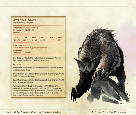 Day 56: Owlbear Matron Witcher Monsters, Homebrew Monsters, Dnd Monster, Owl Bear, Dnd Homebrew, Dungeons And Dragons 5e, Dnd 5e Homebrew, Dnd Dragons, D D Monsters